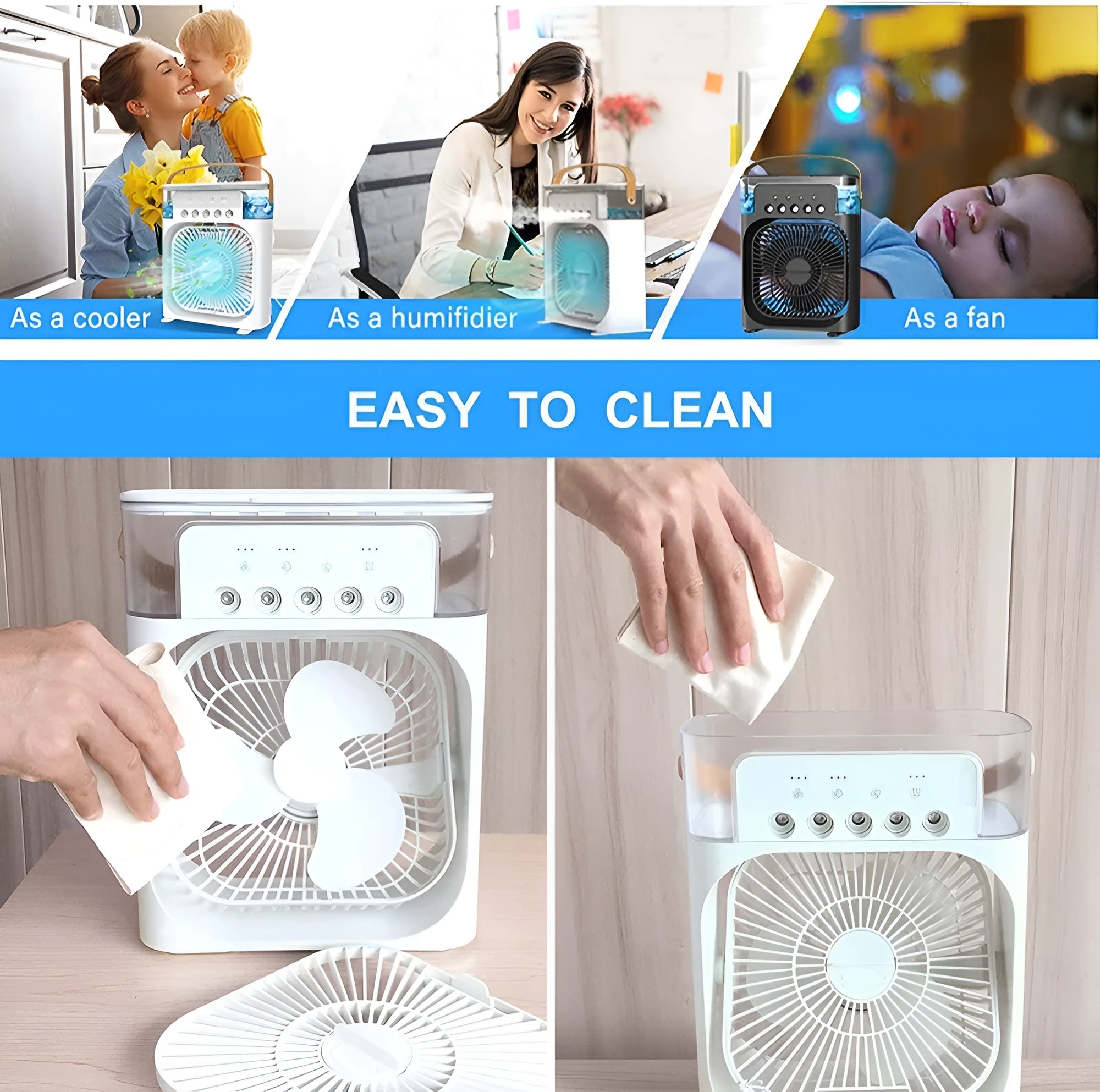 Air Cooling 3 In 1 Mini Air Cooler USB Connection Portable Mist fan & Humidifier.